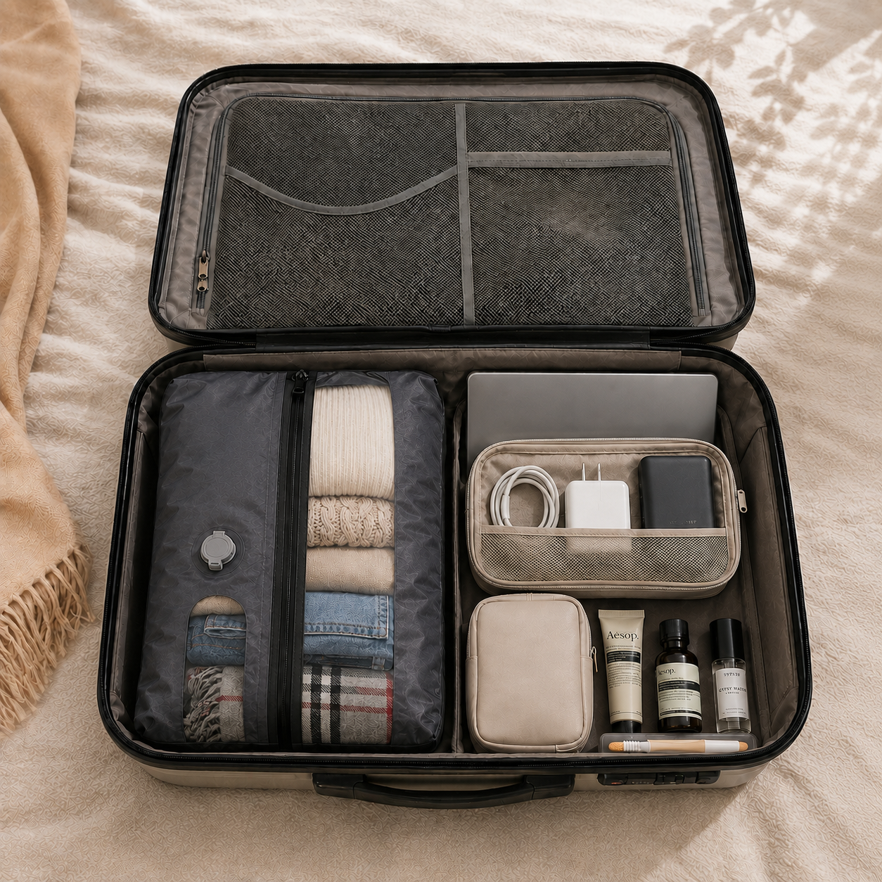Suitcase packed with NAVOA compression system