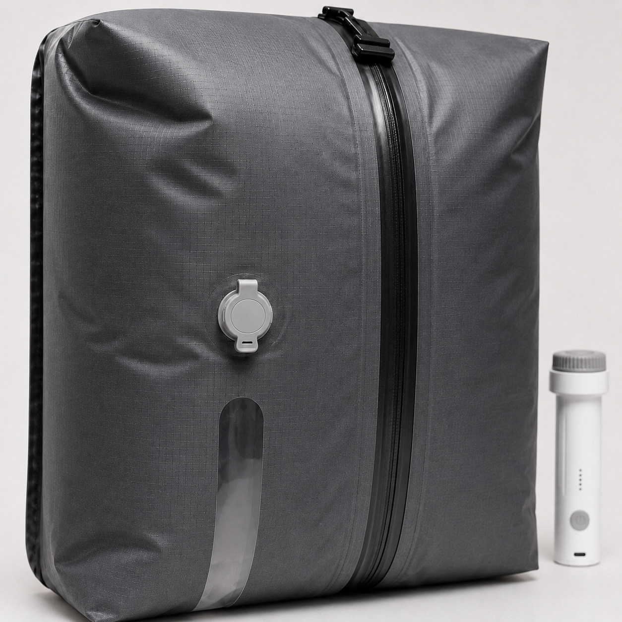 NAVOA compression bag valve, zipper, and viewing stripe detail